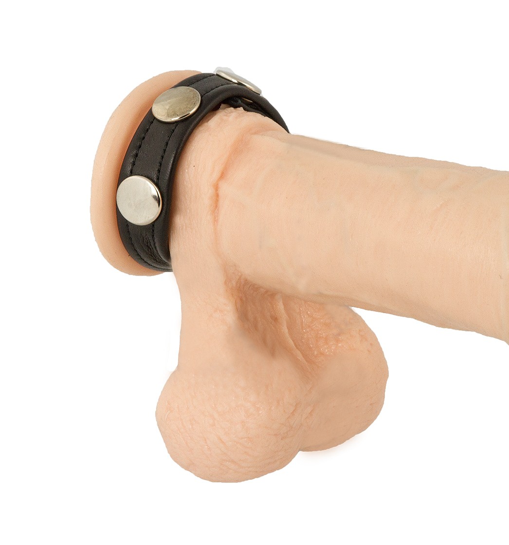 Schwarzes Hodenband mit Nieten aus Nappaleder am Dildo