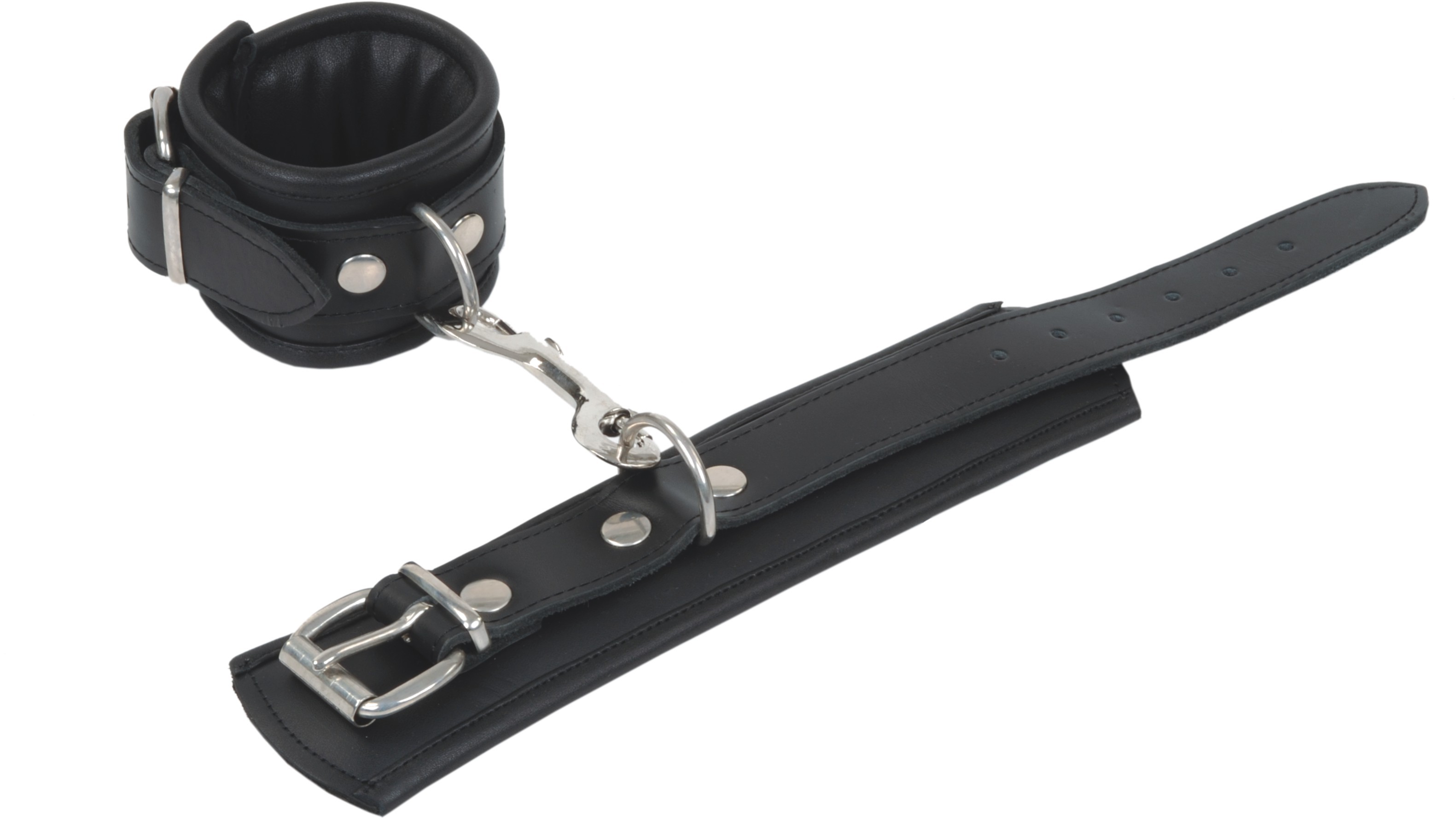 Schwarze Handfesseln aus Echtleder mit Metallteilen und Karabinerhaken
