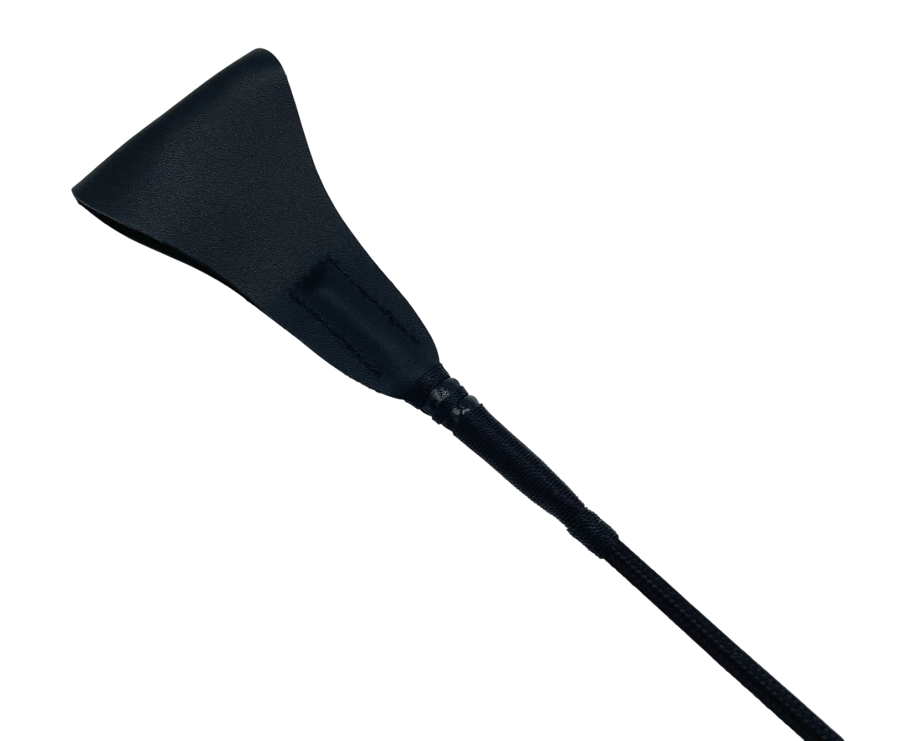 Nahaufnahme von Lederklatsche an Gerte aus schwarzem Leder