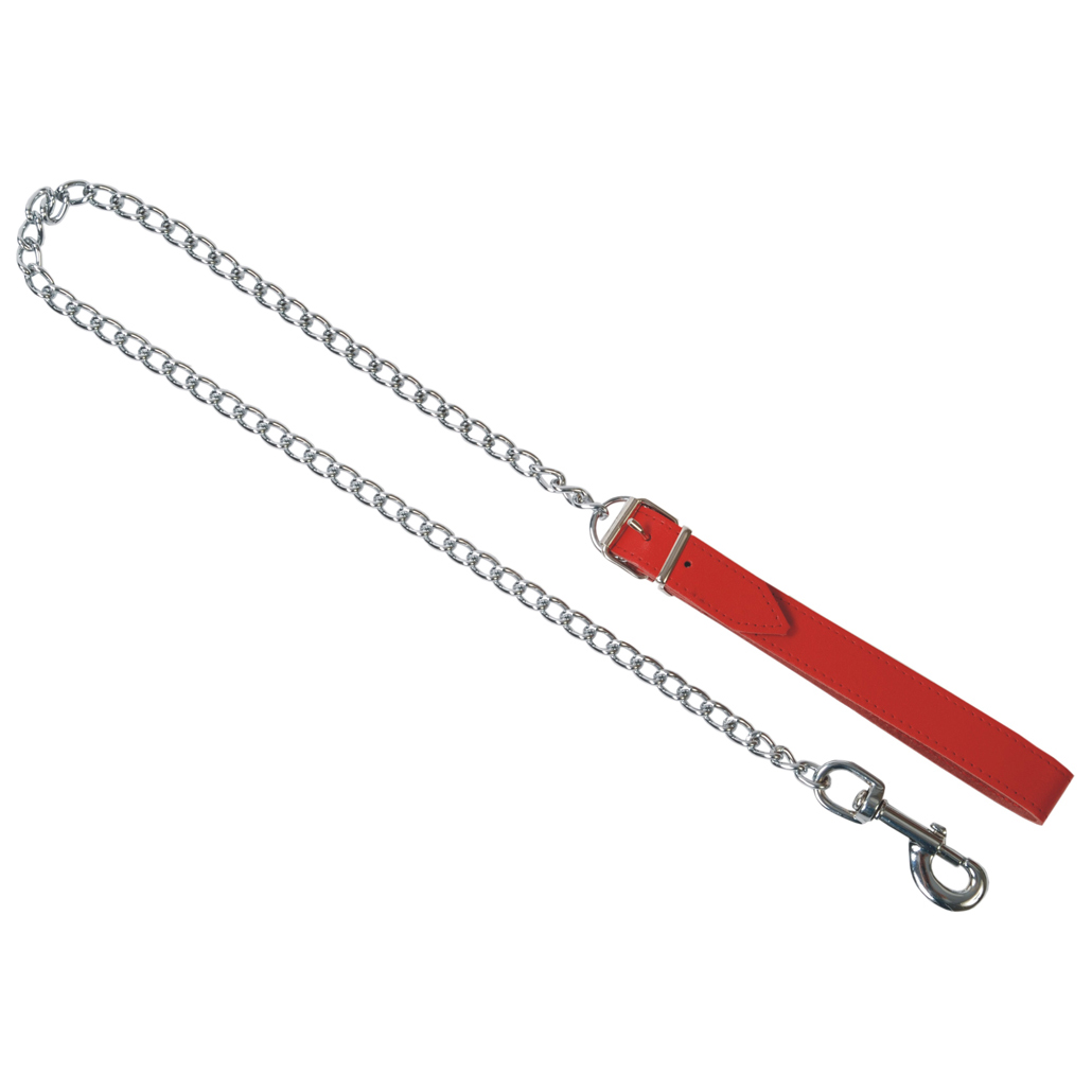 Führungsleine mit silberner Kette und roter Handschlaufe bei pm-bodyleather.de