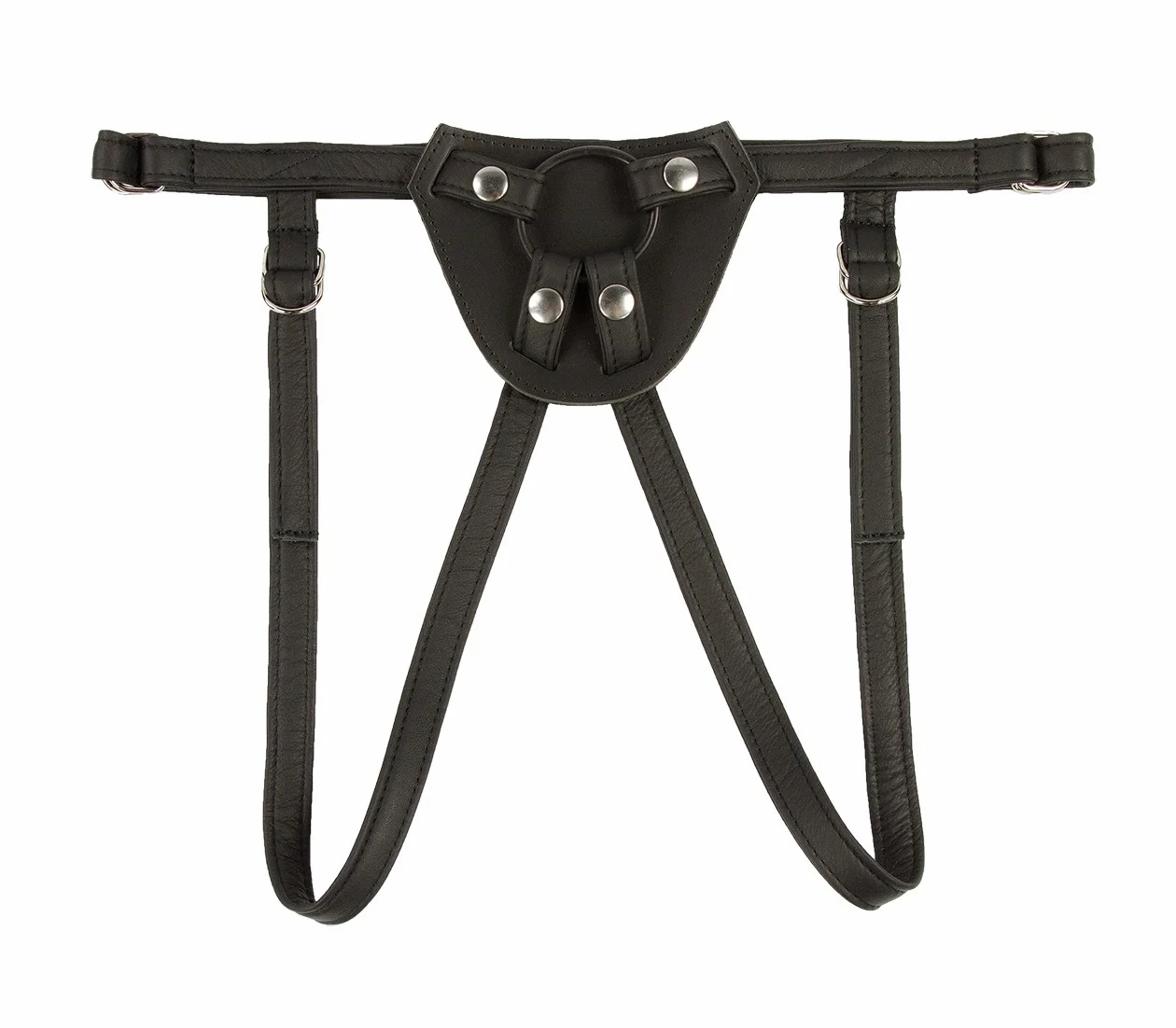 Schwarzer Dildo Harness aus Rindsleder flach liegend mit verstellbaren Beinschlaufen und Wechselring
