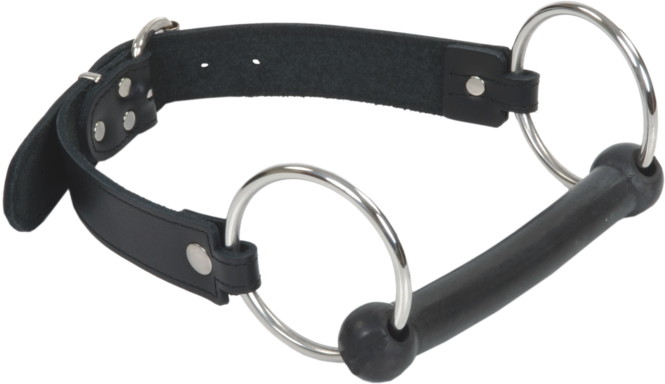 Schwarze Leder-Beißstange mit zwei Edelstahl-O-Ringen und kugelförmigen Gummienden, schwarzes Lederband mit Schnallenverschluss – BDSM Knebel von PM Body Leather