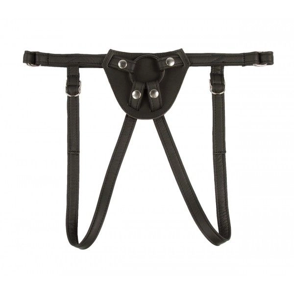 Schwarzer Dildo Harness aus Rindsleder flach liegend mit verstellbaren Beinschlaufen und Wechselring
