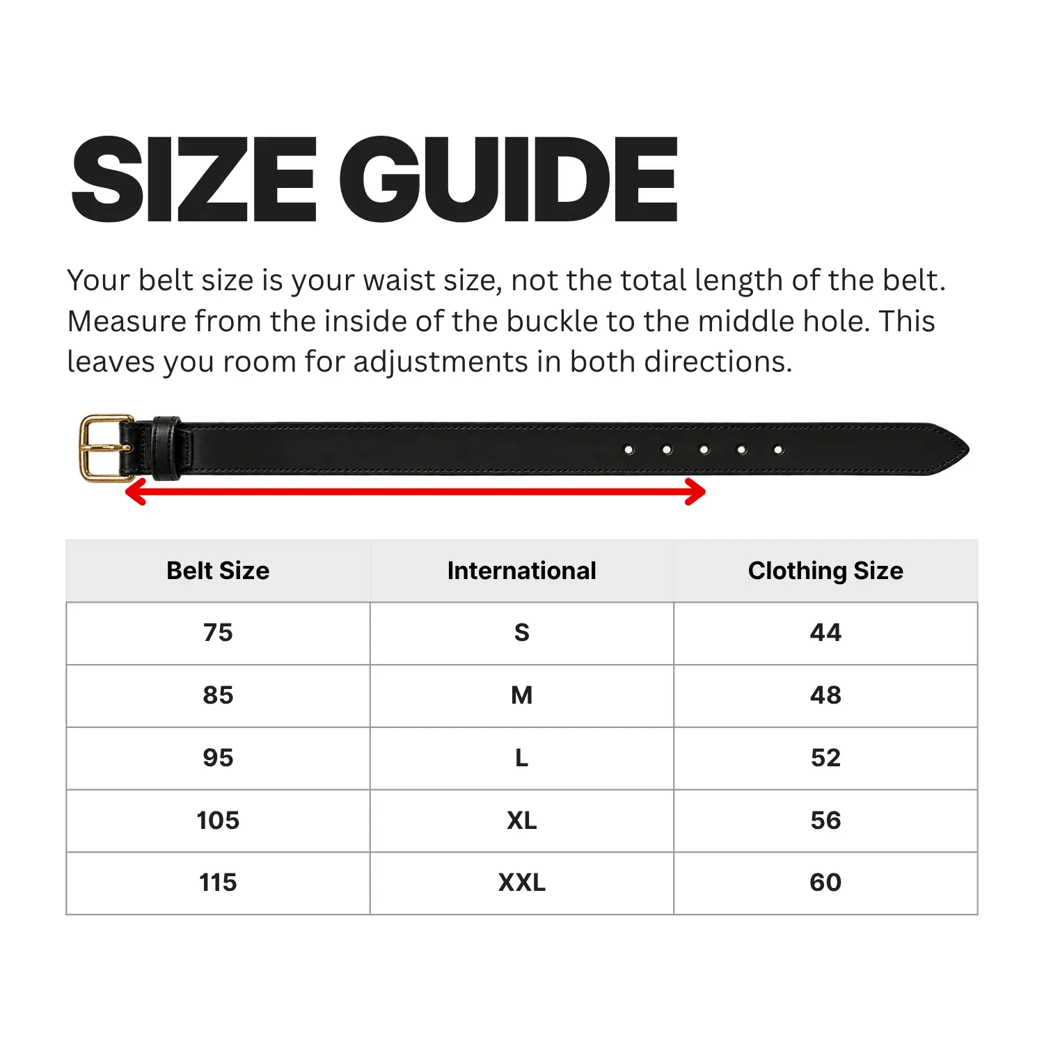 Belt size chart with waist measurements, international sizes (S–XXL), and clothing sizes