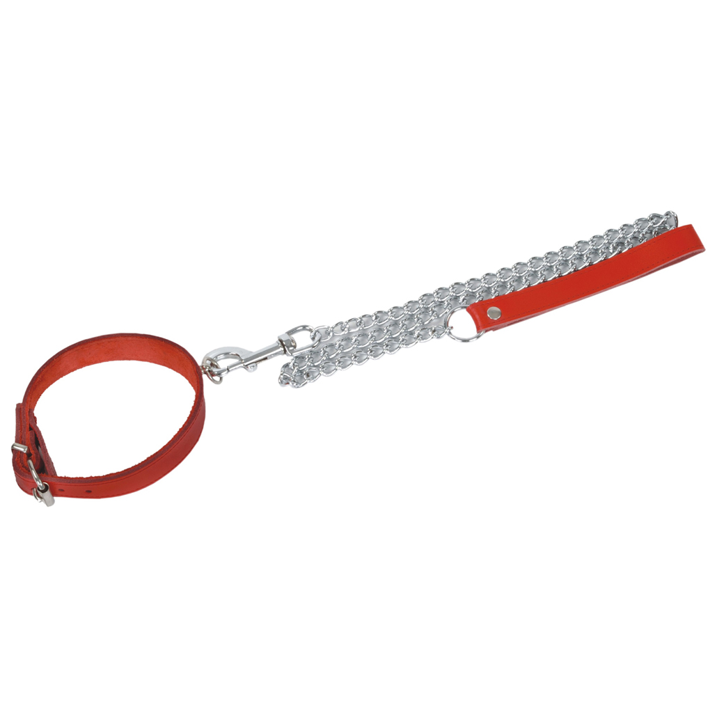 Halsband mit Ring der O und Führungsleine in rot von oben als Freisteller
