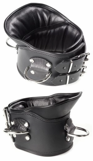 Schwarzes BDSM Haltungskorsett aus Rindsleder von oben und seitlich mit Innenpolsterung und Doppelriemen