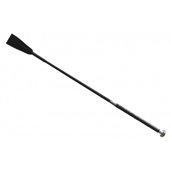 Schwarze BDSM Gerte mit Fiberglaskern, Lederklatsche und Metallaccessoires, Gesamtlänge 65 cm