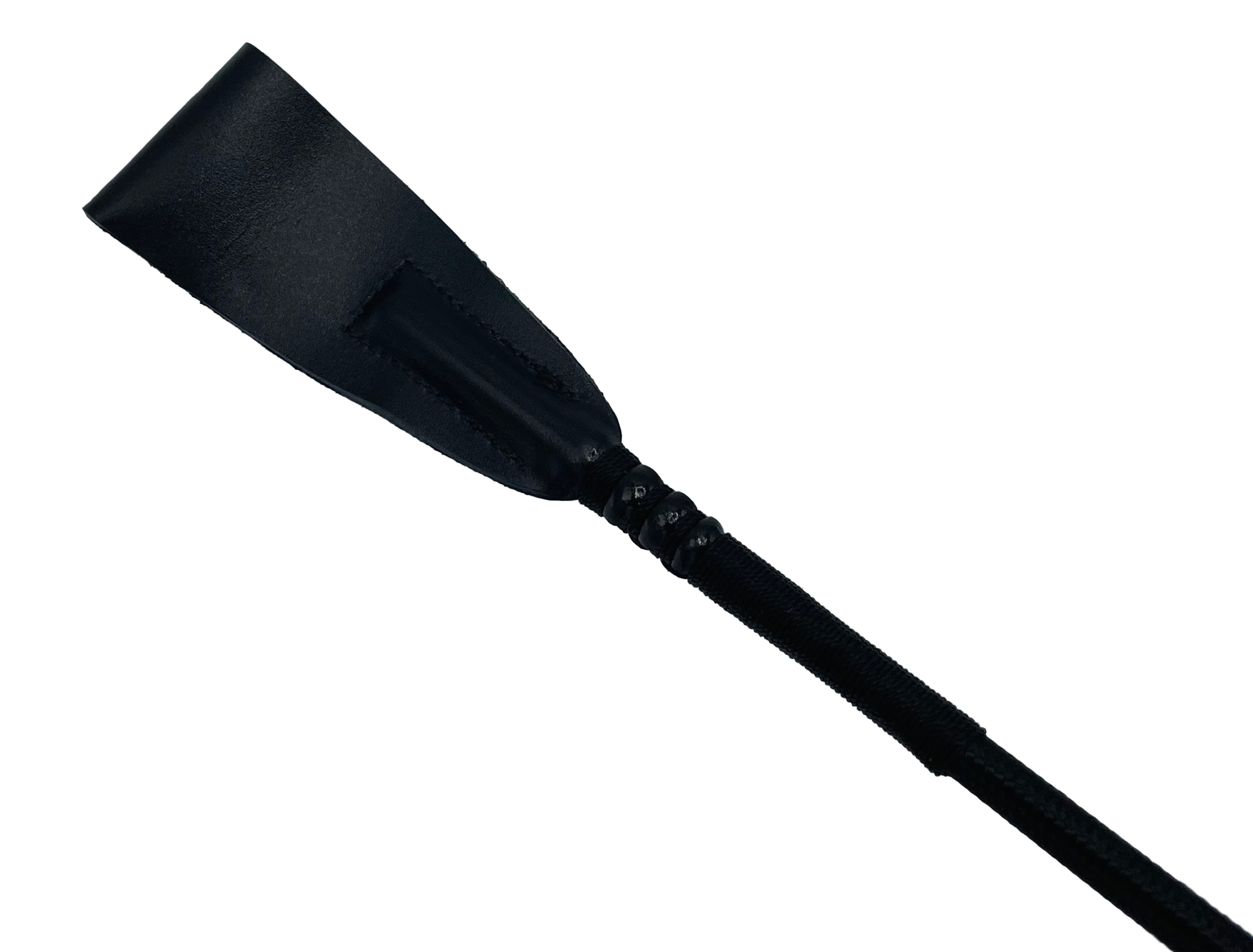 Nahansicht der Klatsche aus Leder der Gerte in schwarz