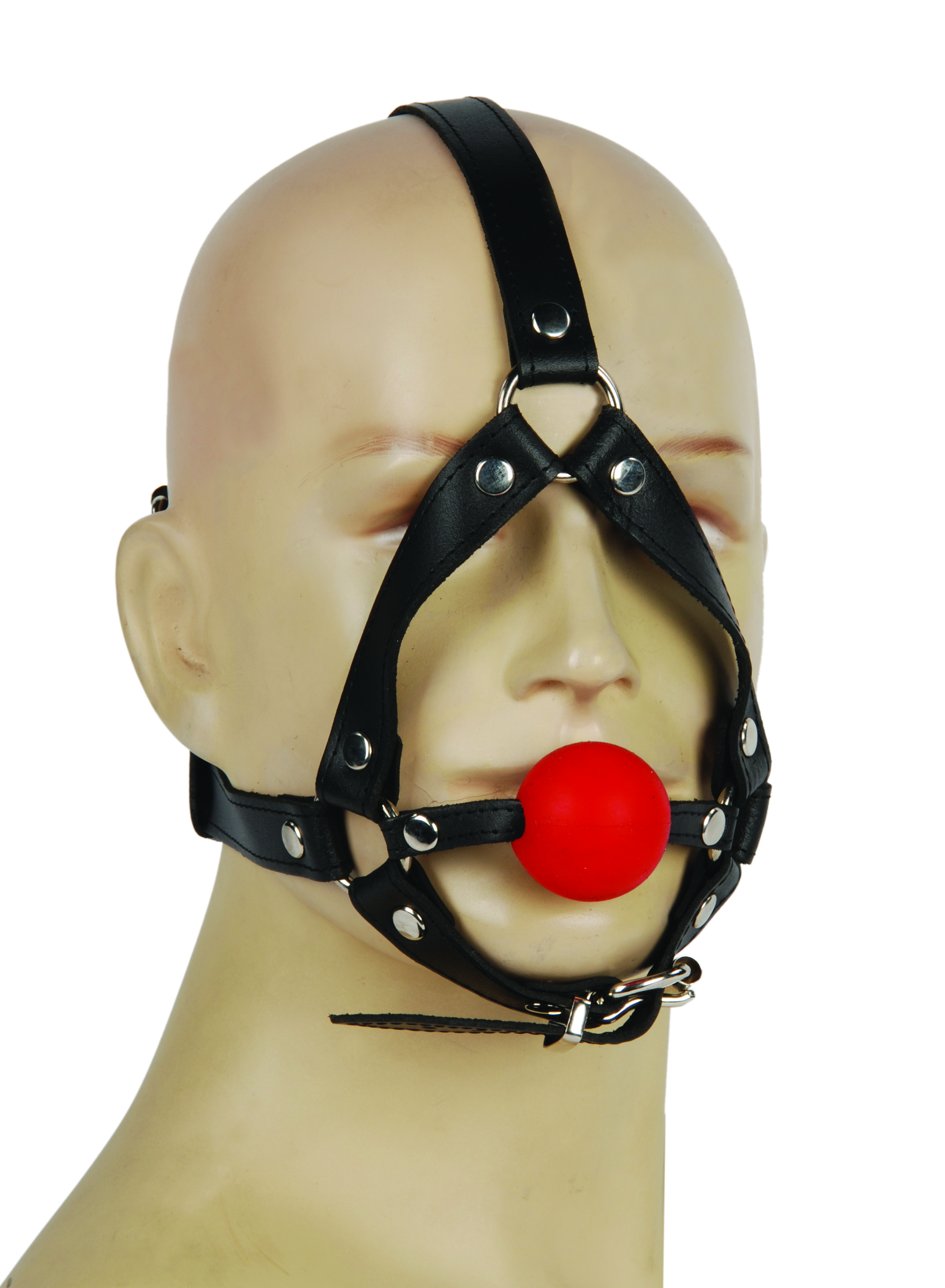 Puppenkopf mit Kopfgeschirr mit roter Silikonkugel 40 mm made by FunFactory als Freisteller