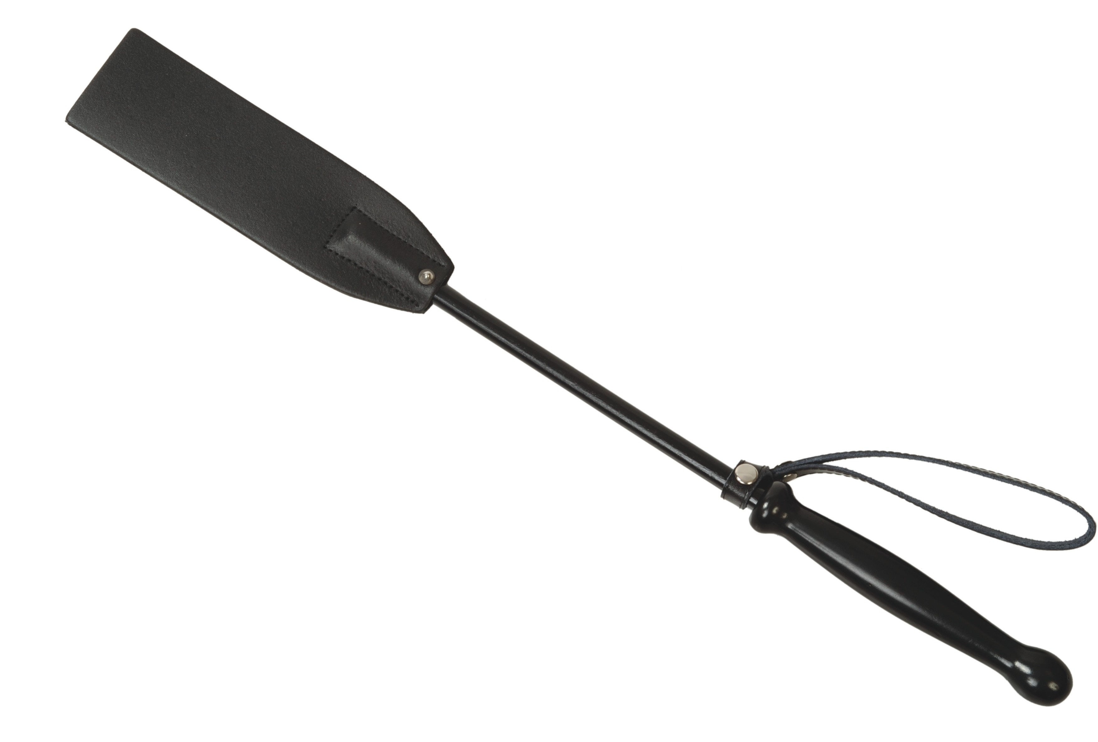 Schwarzer BDSM Klopfer mit Lederklatsche, Dornen und gedrechseltem Hartholzgriff, Gesamtlänge 49 cm