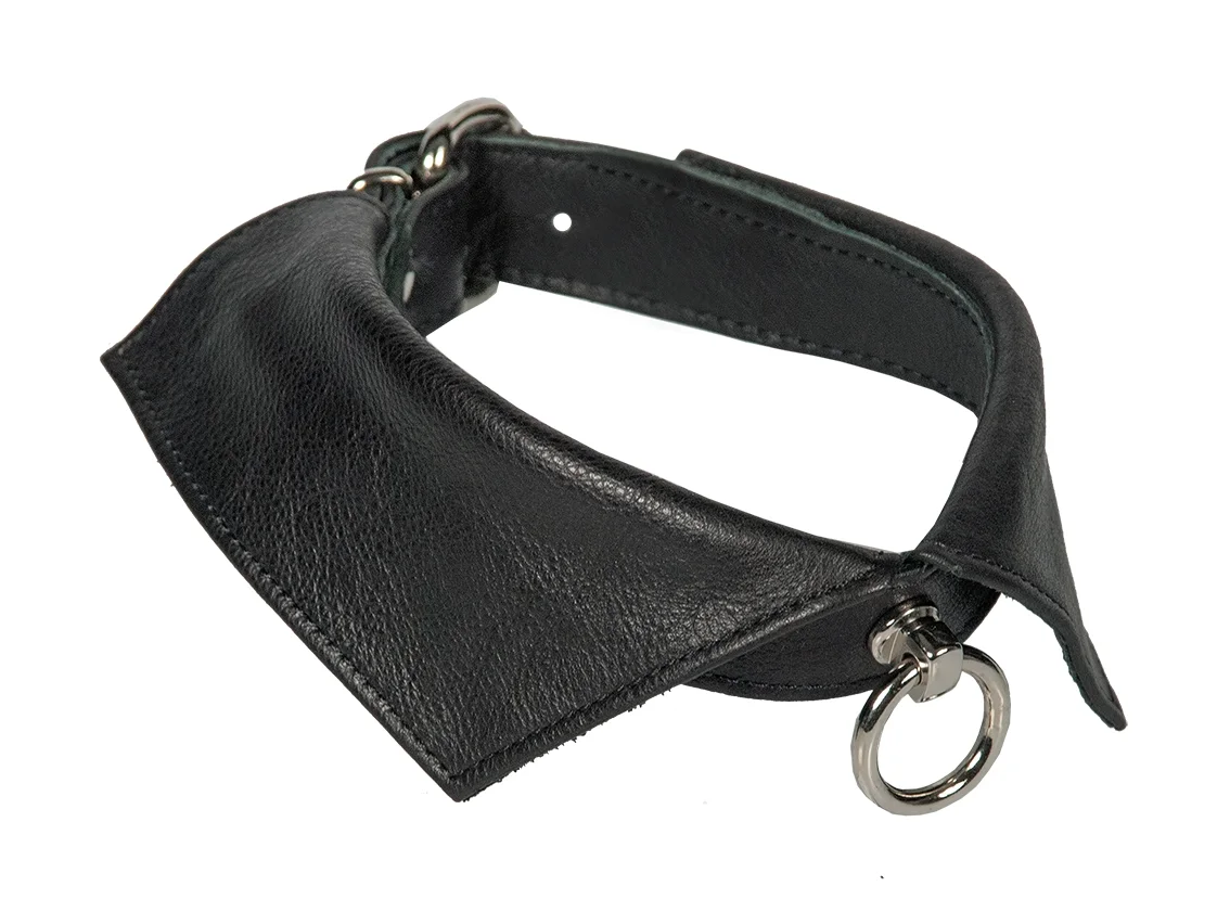 Breiter schwarzer BDSM-Lederkragen mit O-Ring und Gürtelschnalle flach liegend