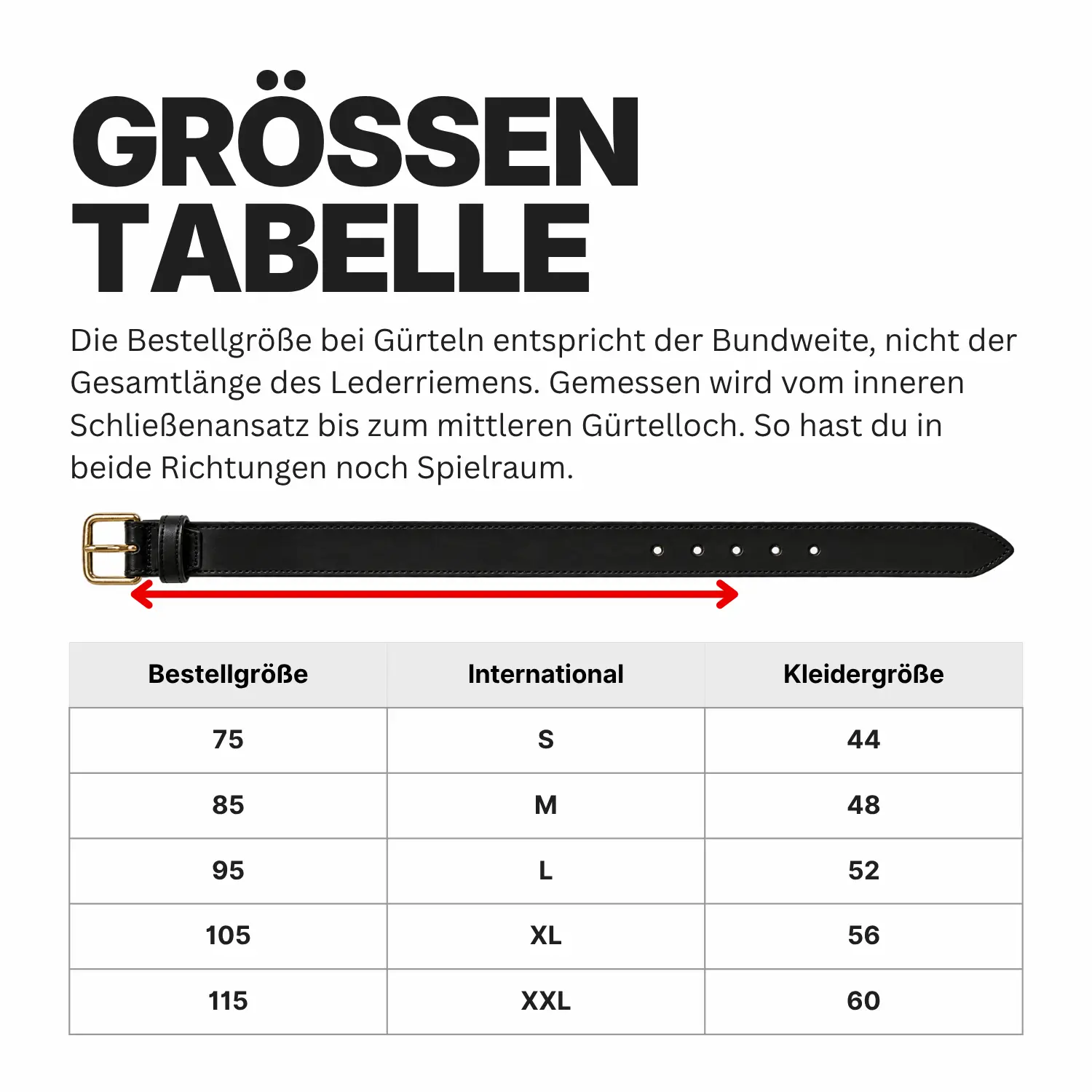 Gürtel-Größentabelle mit Zuordnung von Bundweite, internationalen Größen (S–XXL) und Kleidergrößen