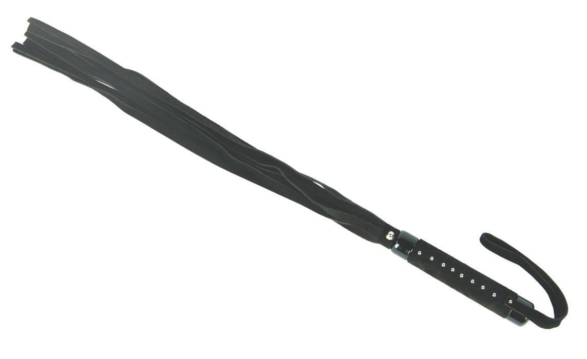 Schwarze Peitsche mit langen Riemen und lederbezogenem Griff